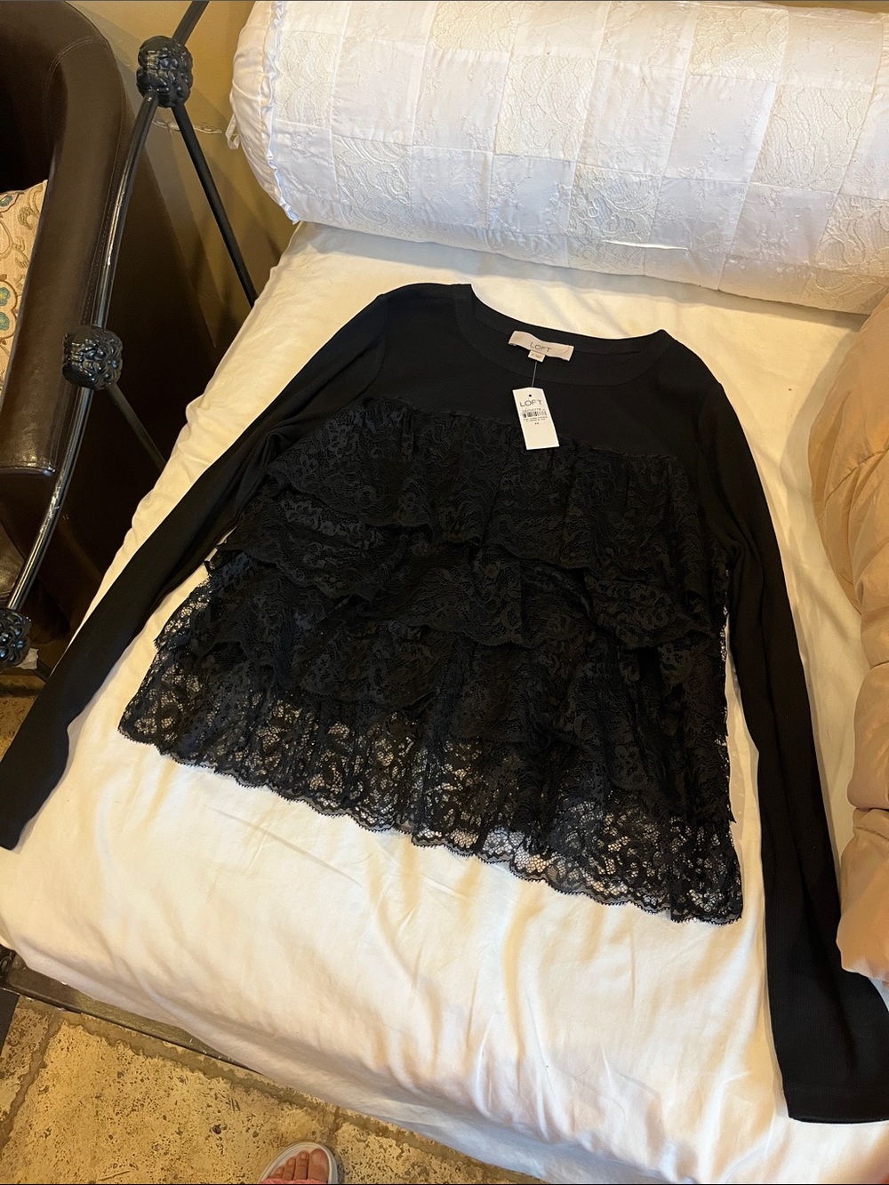 LOFT Black Long-Sleeve Lace Tiered Top